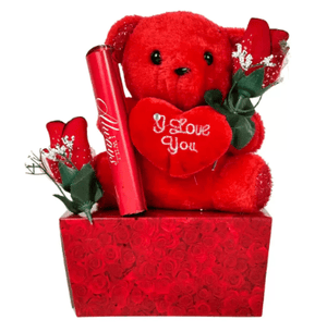 Valentine Teddy & Flower Gift Set – Romantic Plush Bear with Flower Box for Her