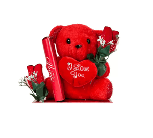 Valentine Teddy & Flower Gift Set – Romantic Plush Bear with Flower Box for Her